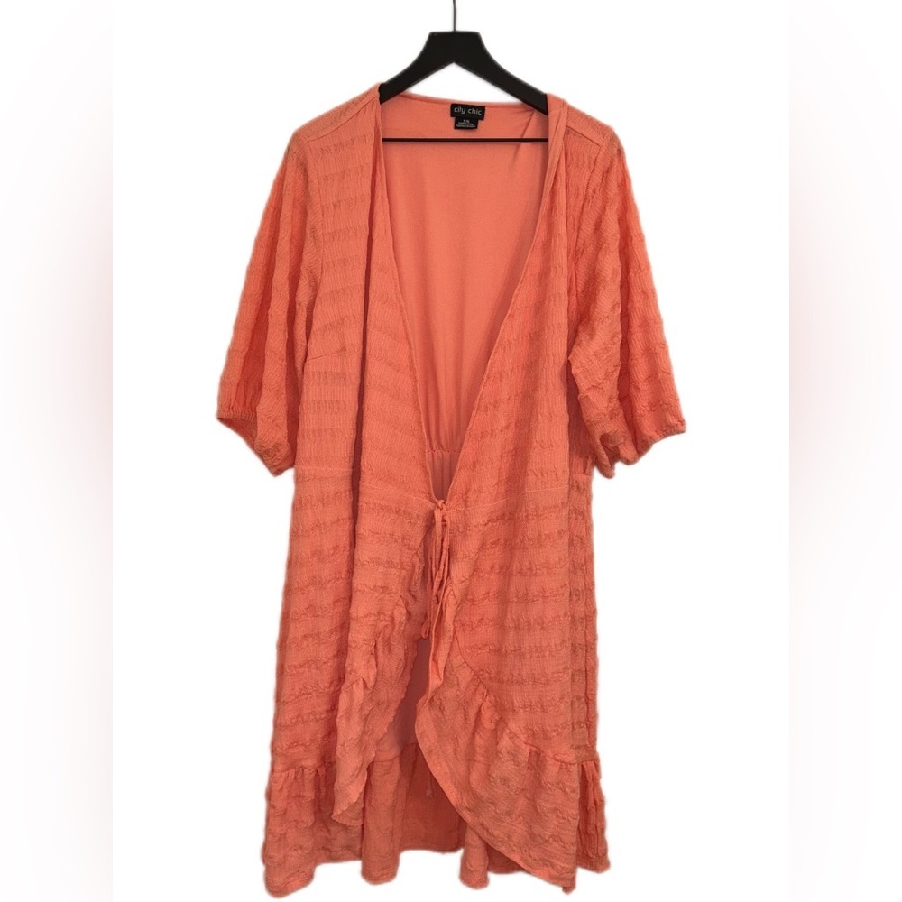 City Chic Coral Peach Textured Tie Front Ruffle Duster Dress Plus Size 16